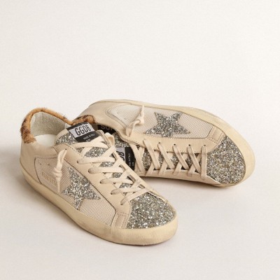 Golden Goose Super-Star In Cream Mesh With Glitter Star And Leopard Heel Tab GWF00103.F004675.15499