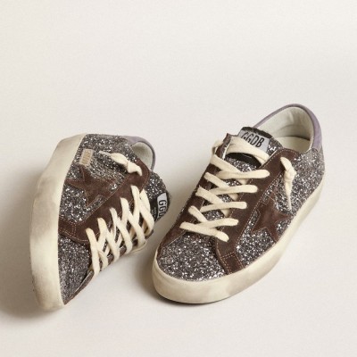 Golden Goose Super-Star In Glitter With A Brown Star And Lilac Heel Tab GWF00101.F003986.60394