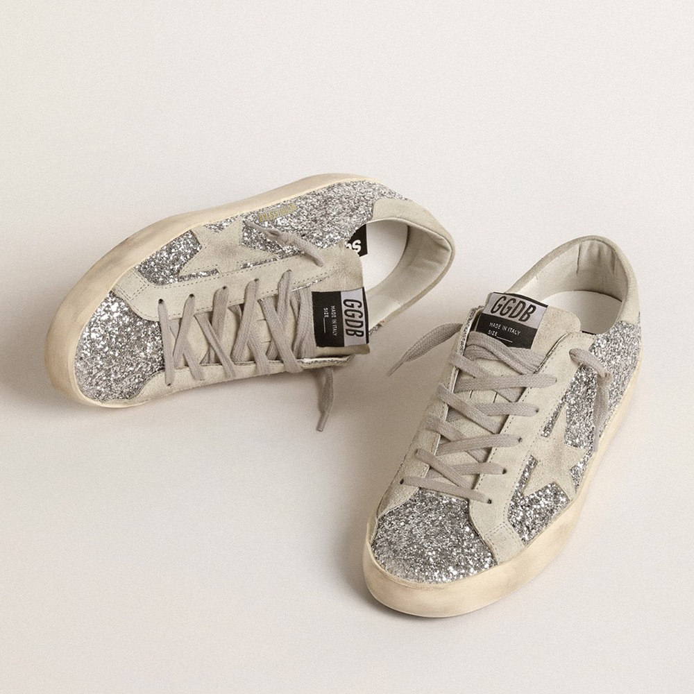 Golden Goose Super-Star In Silver Glitter With Ice-gray Suede Star GWF00101.F000416.70136