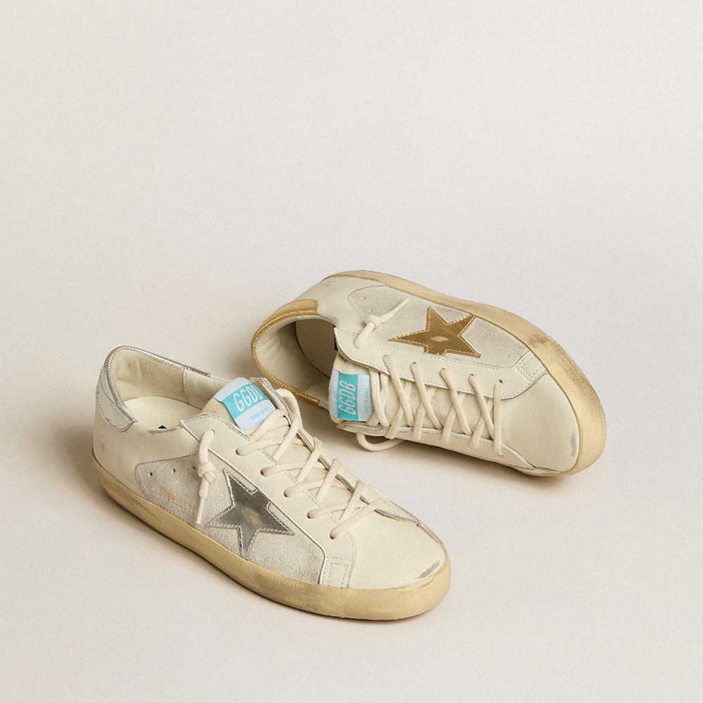 Golden Goose Super-Star In White Leather And Suede With Silver And Gold Leather Star GWF00103.F005189.11664