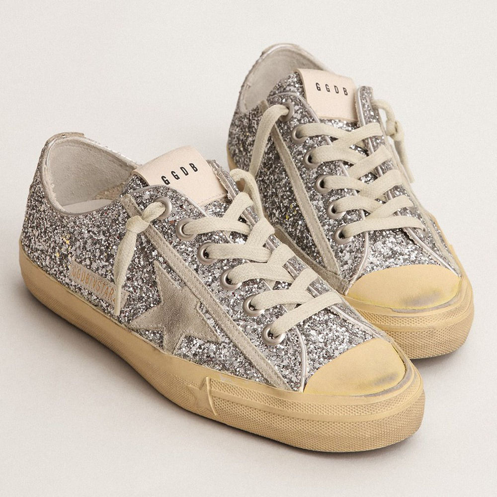 Golden Goose V-Star LTD In Silver Glitter With Ice-gray Suede Star GWF00129.F003085.70136