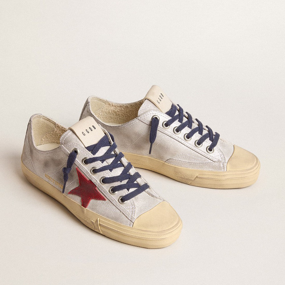 Golden Goose V-Star LTD In Silver Metallic Suede With Red Suede Star GWF00129.F005928.70217