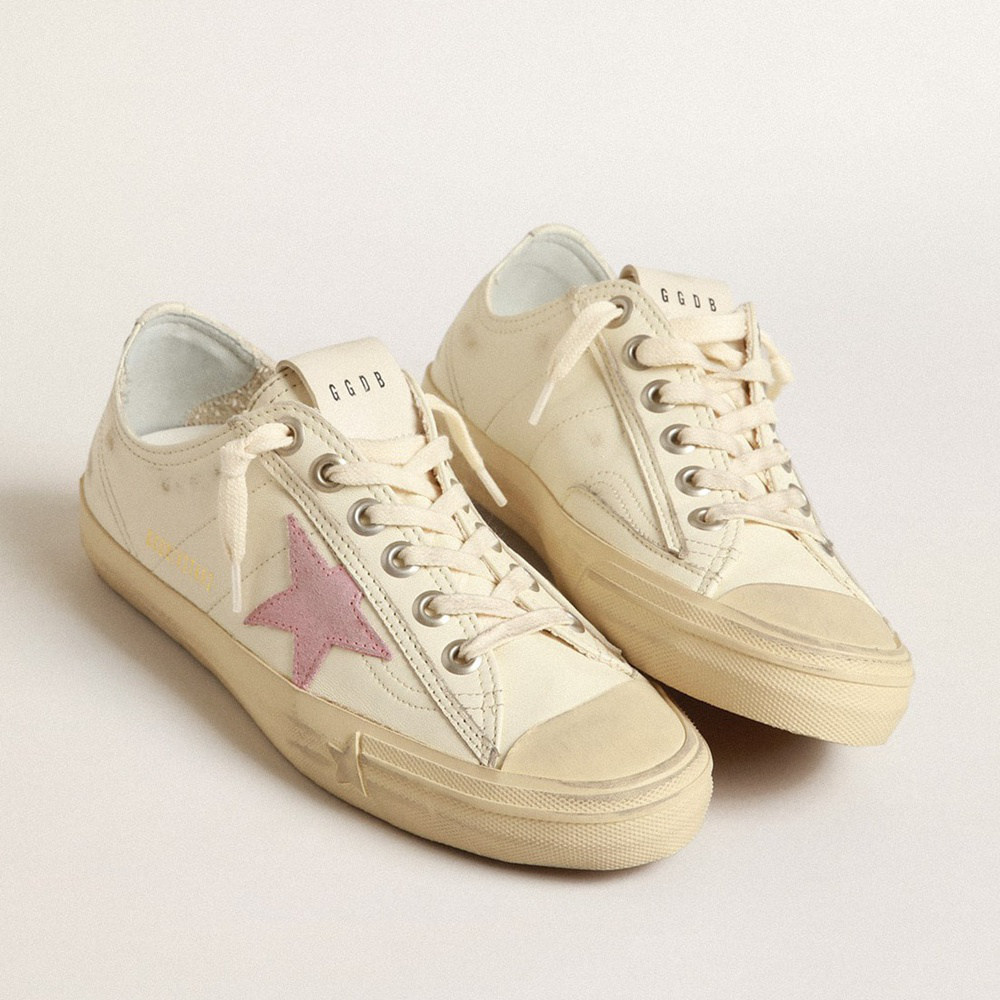 Golden Goose V-Star In Beige Nappa Leather With Old-rose Suede Star GWF00129.F004059.15418