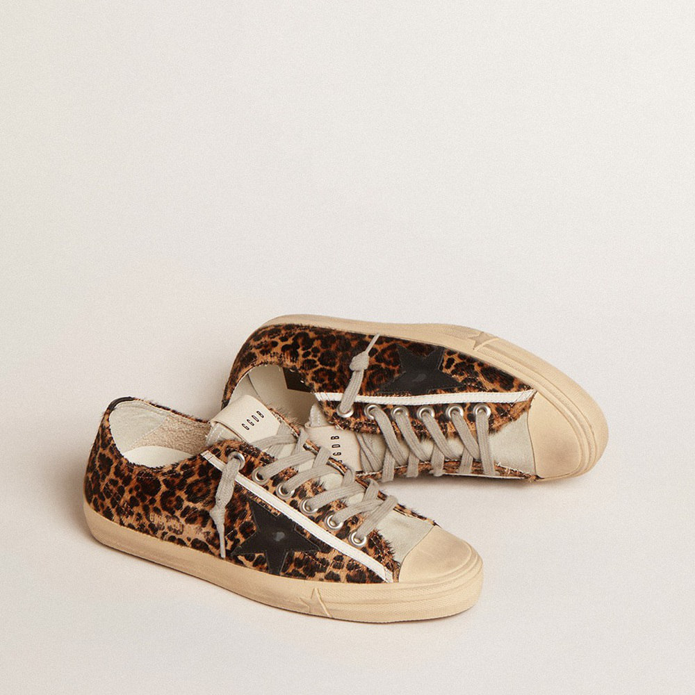 Golden Goose V-Star In Leopard Pony Skin With Black Leather Star And Heel Tab GWF00129.F005030.81629