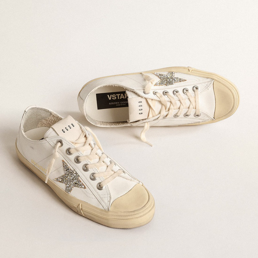 Golden Goose V-Star In White Leather With A Platinum Glitter Star GWF00129.F004565.10847