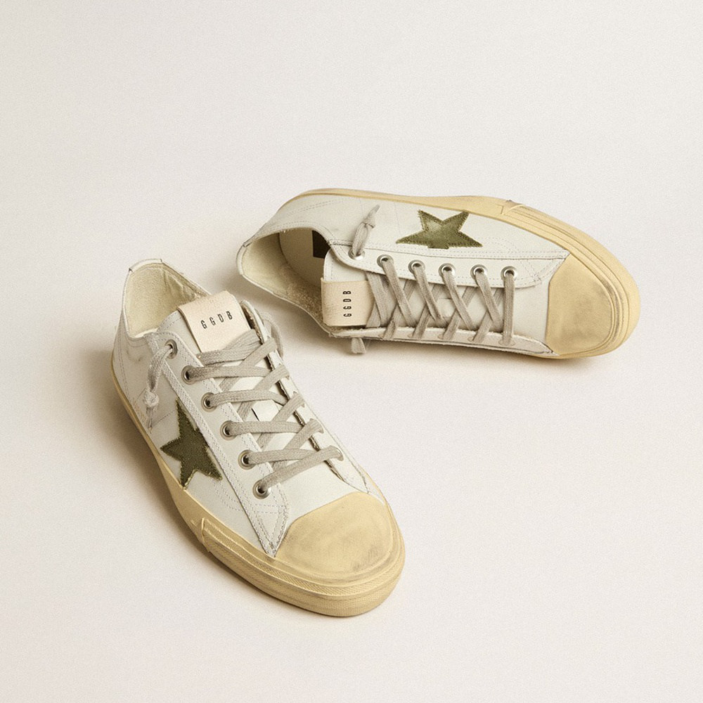 Golden Goose V-Star In White Leather With Green Canvas Star GMF00129.F005295.10502